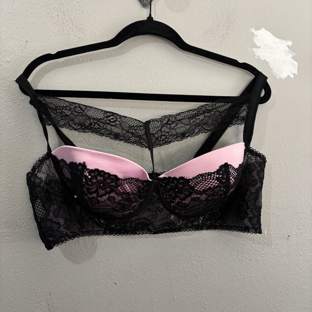 Oh La La Cheri Paris Sexy Bra  Eye Lash Lace Detail Pink Black Women 2X